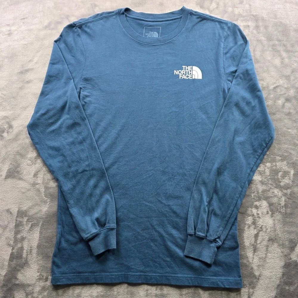 The North Face Shirt Mens Small Blue Long Sleeve Cotton Graphic Logo Tee Outdoor
